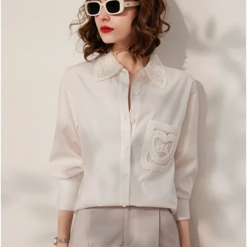 LOUIS YAO Women Shirt 2024 Spring Hollow Out Lace Blouses Turn Down Collar Long Sleeve Elegant Casual Loose White Shirt