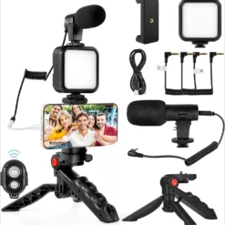 Vlogging Kit for iPhone and Android with Mini LED Light, Cardioid Microphone, and Tripod