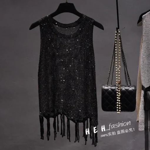 Sequined Knitted Tank Tops with Tassels for Women in Shiny Gold and Silver - Image 4