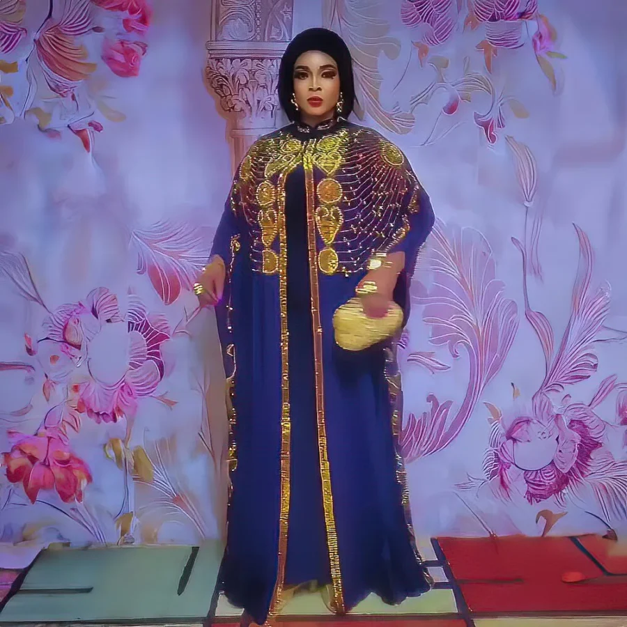 Luxury Chiffon Bubu Dress Set for Women - Plus Size African Style with Rhinestones - Image 3