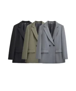 Women's Double Breasted Office Wear Blazer Coat, Long Sleeve, Flap Pockets, Female Outerwear, Chic Tops, Fashion