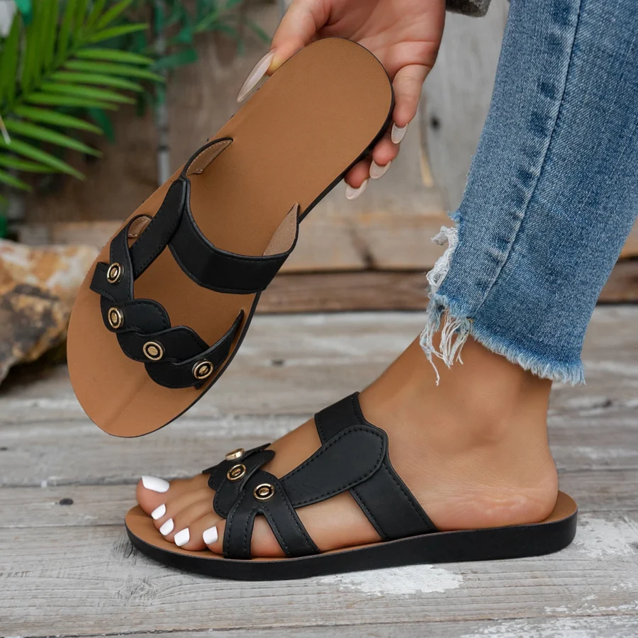 Summer Ladies Flat Sandals Fashion Buckle Open-Toe Casual Beach Comfortable Slip-On Sandals - Image 6