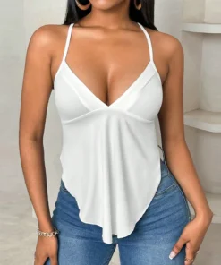 Sexy White Crop Cami Top Women Summer Elegant Irregular Folds Straps Clothes Ruched Backless Tee T Shirt Casual V Neck Sexy Tank