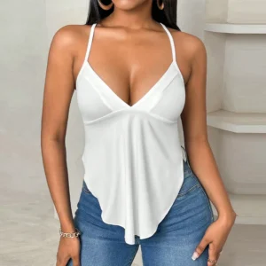 Cami Top with Irregular Folds and Ruched Backless Design for Women - White, L