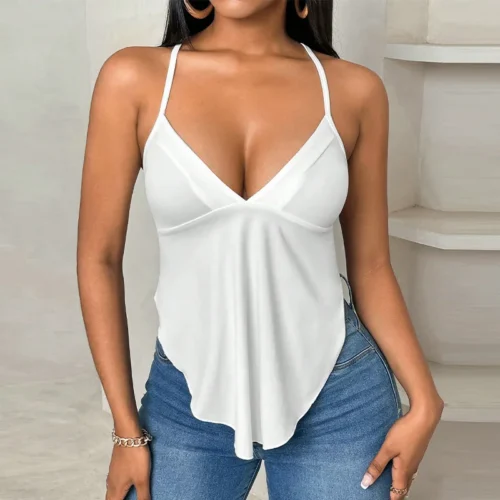 Sexy White Crop Cami Top Women Summer Elegant Irregular Folds Straps Clothes Ruched Backless Tee T Shirt Casual V Neck Sexy Tank