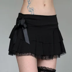Gothic Black Mini Skirt with Lace Trim and Bow Detail for Women
