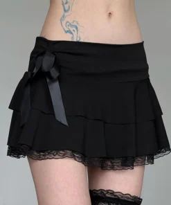 SUCHCUTE Gothic Black Mini Skirt with Lace Trim and Bow Detail