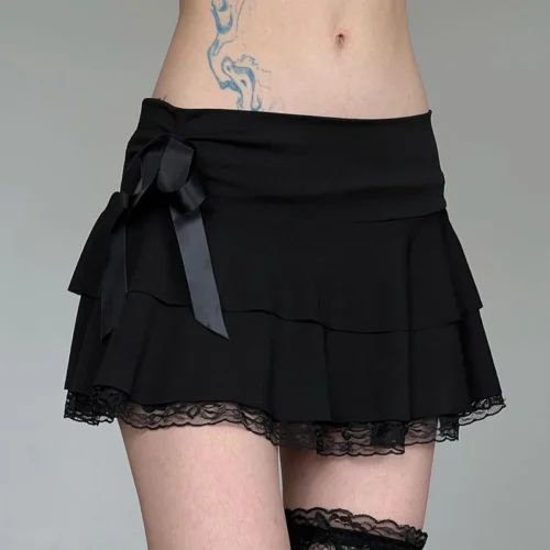 SUCHCUTE Gothic Black Mini Skirt with Lace Trim and Bow Detail