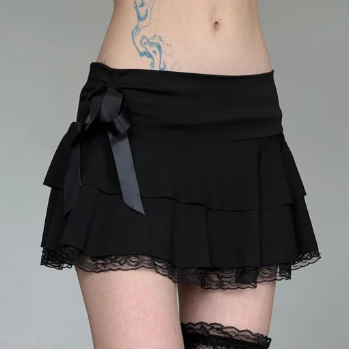 Gothic Black Mini Skirt with Lace Trim and Bow Detail for Women - Image 7