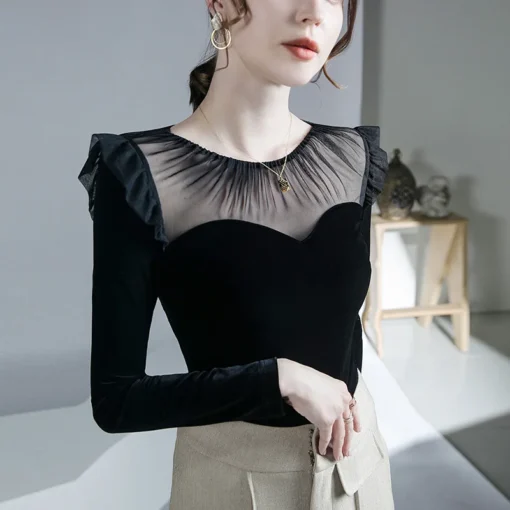 Long-Sleeved Velvet T-shirt with Mesh Panels for Women in Harajuku Fashion Style - Image 3