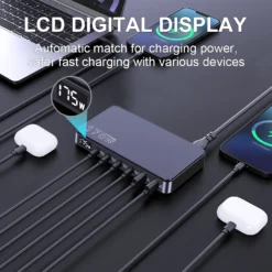 Alternative view of GaN USB C Charger with LED Display, 175W Power, 6 Ports for MacBook, Samsung, and iPhone