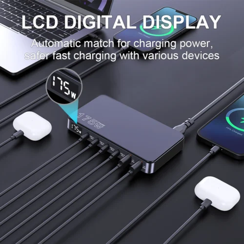 Alternative view of Ueetop 175W GaN USB C Charger LED Display 6-Port Desktop Charger Type C PD 100W PPS 45W Fast Charging for MacBook Samsung iPhone