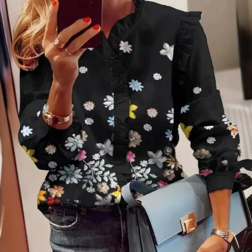 Elegant Women's Blouses Autumn Fashion Ruffle Patch Printed Shirt O-Neck Long Sleeve Slimming Top Office Commuter Women's Shirts
