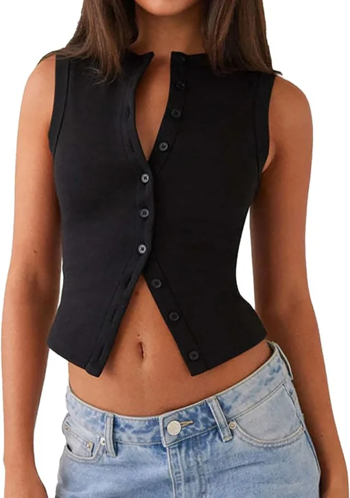 Ribbed Button Front Tank Top with Round Neck for Women's Casual Daily Wear - Image 4