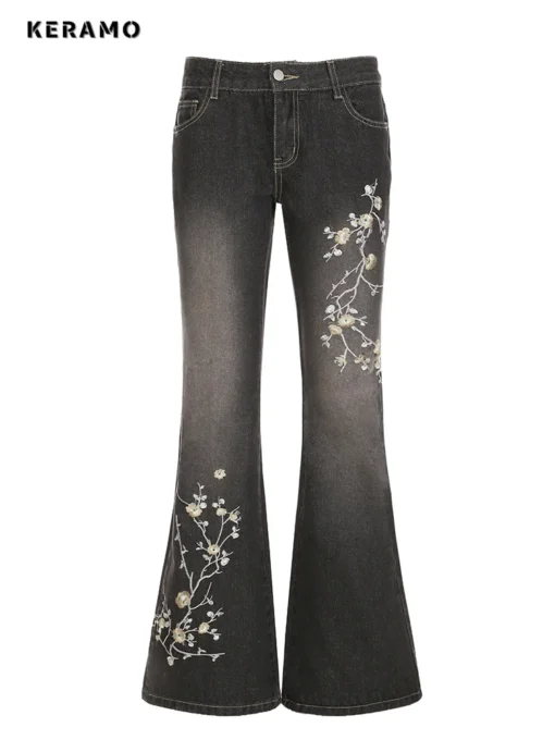 Flared Jeans with Floral Embroidery for Women in Low Rise Design - Image 6