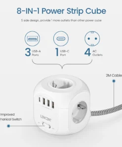 Alternative view of LENCENT Power Strip with 4 AC Outlets 3 USB Port 1 Type C 2M Braided Cable Multi Socket Extender with Switch for Home Office