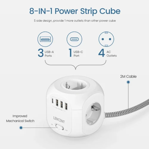 Alternative view of LENCENT Power Strip with 4 AC Outlets 3 USB Port 1 Type C 2M Braided Cable Multi Socket Extender with Switch for Home Office