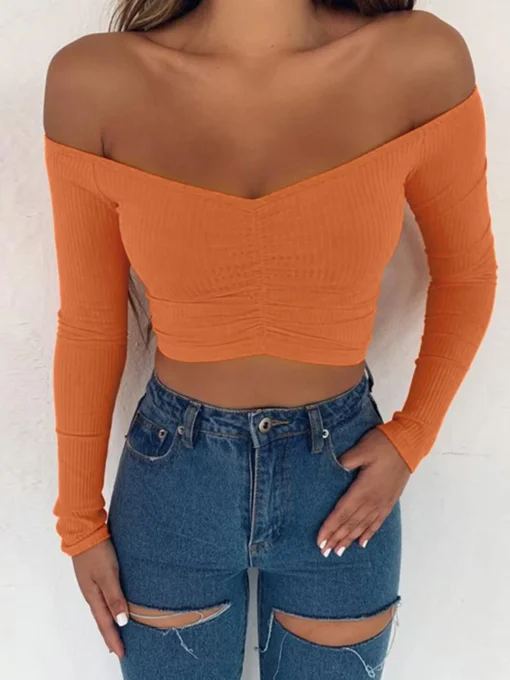 Long Sleeve Off Shoulder T-Shirt with Solid Color for Women in Autumn Fashion - Image 4