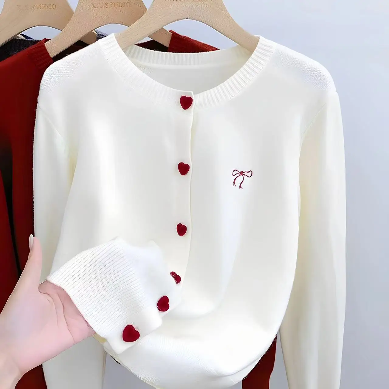 Knitted Cardigan with Bow Embroidery and Heart-shaped Buttons for Women - Image 3