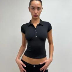 Slim Fit Polo Collar T-Shirt with Short Sleeves for Women in Black