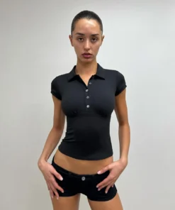 Tank Black Polo Collar T-Shirt Slim Fit Sexy Short Sleeve Summer Women's Short Top