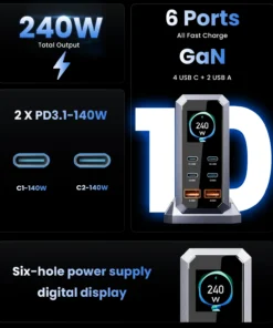 Alternative view of 240W GaN Charger PD3.1 140W USB Type C 6 Ports PPS PD Desktop Fast Charging Station for MacBook Laptops Tablet iPhone Samsung