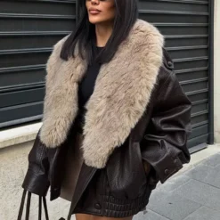 Faux Leather Winter Jacket with Removable Fur Collar for Women - Casual Double Breasted Coat