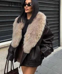 TFMLN Women's Winter Faux Leather Jacket with Removable Fur Collar – Casual Double Breasted Coat