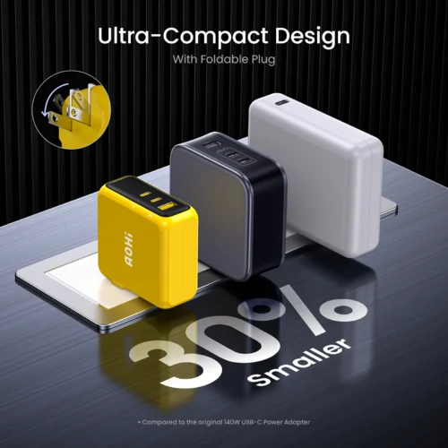 Alternative view of AOHI Magcube Pro 140W GaN Charger PD3.1 3-Port USB C Charger For Macbook Pro Laptop Fast Charger For iPhone 16 Xiaomi Tablet