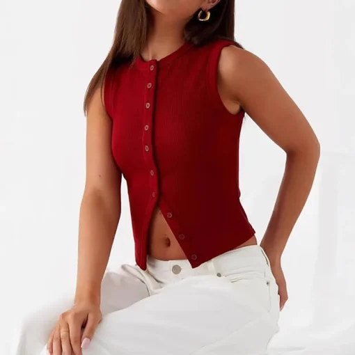 Ribbed Button Front Tank Top with Round Neck for Women's Casual Daily Wear - Image 5