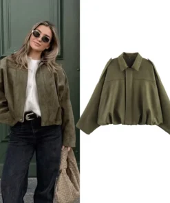 Women's Vintage Bomber Jacket with Turn-Down Collar and Long Sleeves