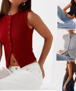 Women's Plain Button Front Ribbed Tank Top, Casual Sleeveless Round Neck Top for Daily Wear, Ladies Clothes for All Seasons