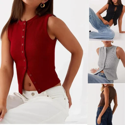 Ribbed Button Front Tank Top with Round Neck for Women's Casual Daily Wear - Image 7