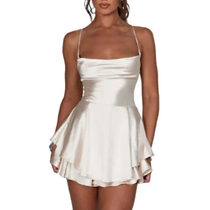 Cowl Neck Backless Jumpsuit - Summer Satin Short Romper for Women - Champagne, S