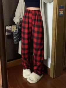 Wide-Legged Plaid Plush Trousers for Women - Casual Winter Loose-Fitting Pants - Red, One Size