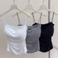 Alternative view of Spaghetti Strap Crop Top with Built-in Bra for Women - Bodycon Cami Tube Tee in Korean Y2K Style