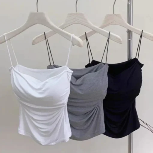Spaghetti Strap Crop Top with Built-in Bra for Women - Bodycon Cami Tube Tee in Korean Y2K Style - Image 2