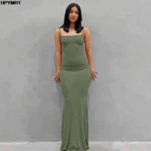 Satin Maxi Dress for Women - Elegant Sleeveless Backless Bodycon Design - Green, XS（old）