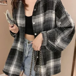 Alternative view of Plaid Shirt for Women with Long Sleeves and Single Breasted Design in Vintage Preppy Style