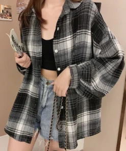 Alternative view of Plaid Shirt Women Autumn Long Sleeve Top Female Vintage Fashion Single Breasted Blouse Ladies Preppy Style Loose Check Shirts