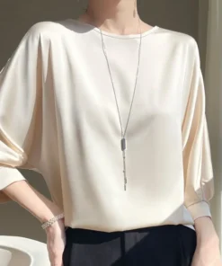 Alternative view of 2025 New In Summer Satin Silk Half-Sleeve Tee Tops Basic Solid Women‘s T-Shirt Casual O-neck Thin Shirts Ladies Loose Blouses