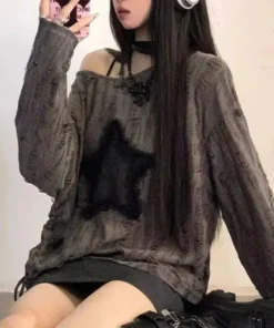 Y2K Hole Star Print T-Shirt Women Fashion Streetwear Off Shoulder Tops Summer Oversized Kpop Long Sleeve Loose Tees Ladies New
