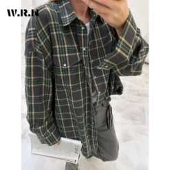 Alternative view of Plaid Long Sleeve Blouse with Pocket and Lace-Up Detail for Women