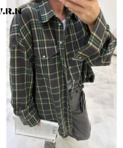 Alternative view of Fashion Baggy Plaid Women'S Blouse Elegant Lapel Long Sleeve Shirts And Blouses Vintage Pocket Lace-Up Top Female 2025