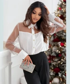 Alternative view of Shirt Top Women Sheer Patchwork Turn Down Collar Single Breasted Full Sleeve Blouses Tops Autumn 2025 Office Lady Overshirt