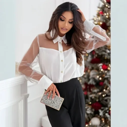 Sheer Patchwork Blouse with Turn Down Collar for Women - Full Sleeve Office Overshirt Autumn 2025 - Image 2