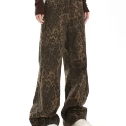 Wide Leg Jeans for Women - Tan Leopard Print Casual Oversized Denim Trousers