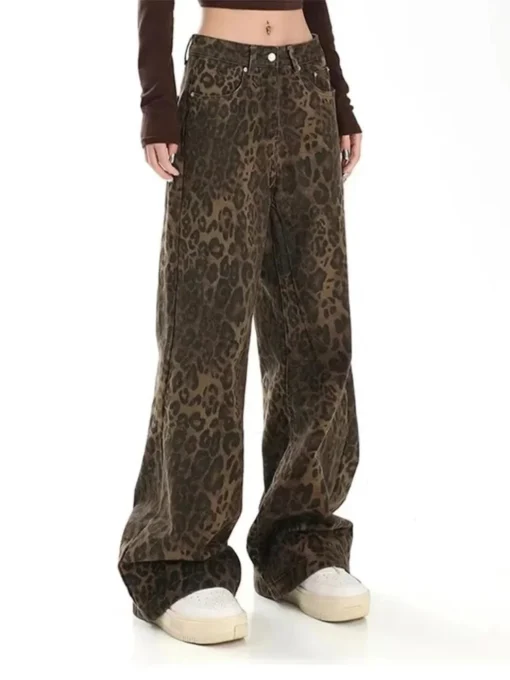 Wide Leg Jeans for Women - Tan Leopard Print Casual Oversized Denim Trousers - Image 7