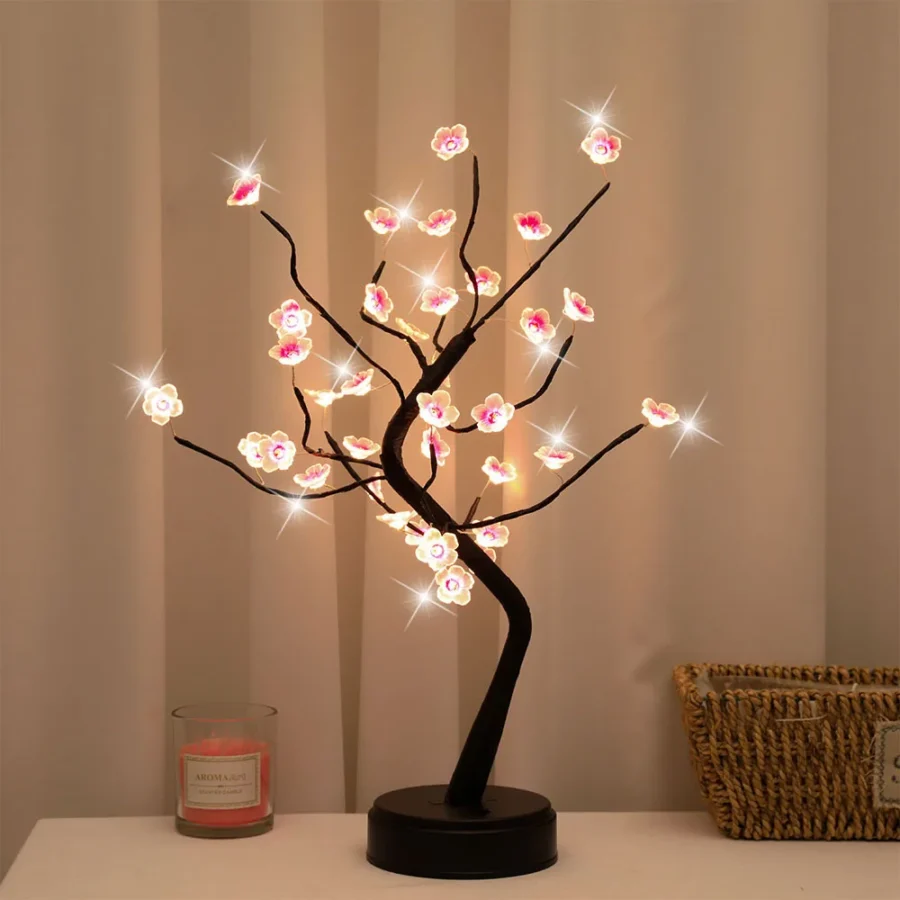 Table Tree Night Light USB/Battery Powered Touch Switch Artificial Bonsai Cherry Blossom Desktop Tree LED Lamp Light Decoration - Image 2
