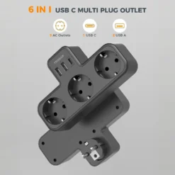 Alternative view of USB Wall Power Strip with 6-In-1 Design, 3 AC Outlets for Home and Office Use